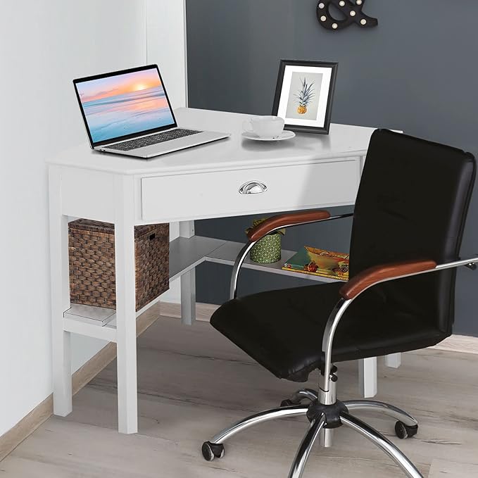 LDAILY White Corner Desk, Triangle Corner Computer Desk for Small Space, Compact Writing Desk with Storage Shelves & Drawer, Space Saving Small Makeup Vanity Desk for Bedroom, Home Office