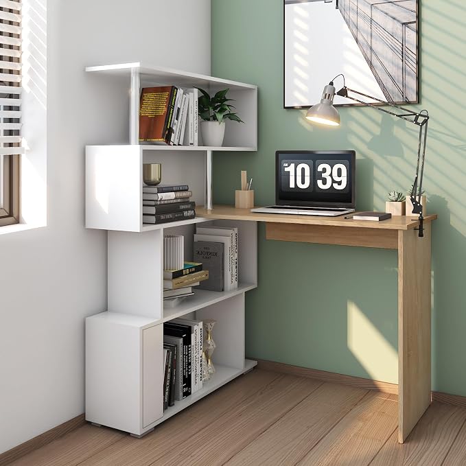 Mondeer 41.7" L Shaped Desk with 4-Tier Storage Shelves, Computer Corner Desk for Study Home Office Living Room (Oak and White)