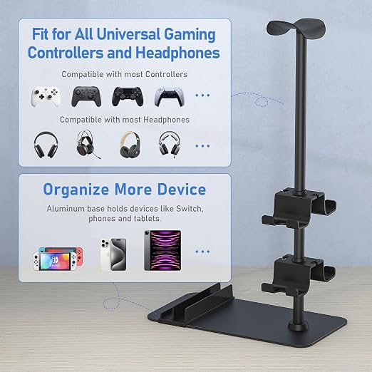 MANMUVIMO Headset Stand Controller Holder for 1 Headset and 4 Controller, Headphone Game Controller Stand for Desk, Gamer Gifts, Organizer Rack for iPad/Mobile Phone, Gaming Room Accessories