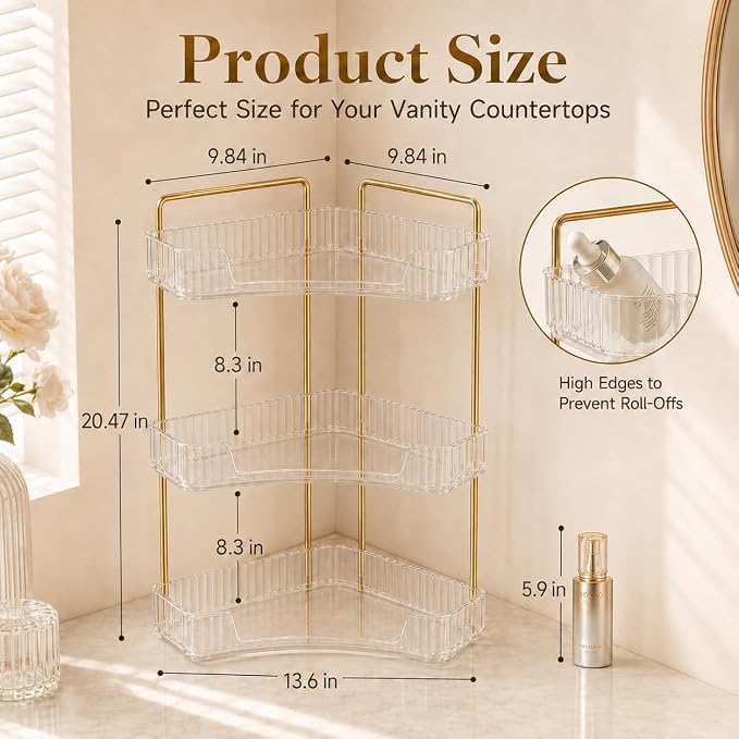 Ceruaxb 3-Tier Corner Bathroom Counter Organizer, Plastic Countertop Makeup Organizer, Large Capacity Vanity Bathroom Perfume Shelf Rack for Kitchen Office Desktop (Clear)