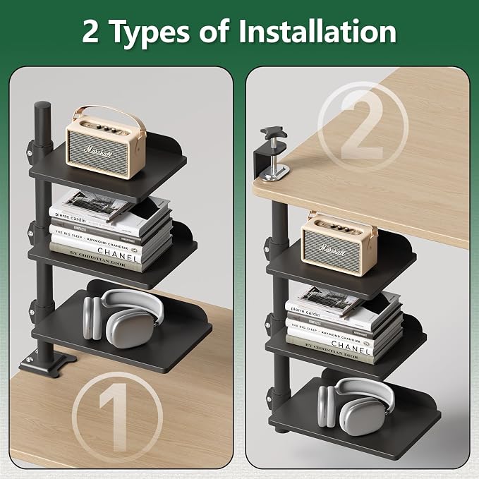 3 Tier Clamp-on Desk Shelf Height Adjustable, 360° Rotatable Desktop Storage Tray with Baffle, Over or Under Desk Organizer Shelf for Office Accessories, Black