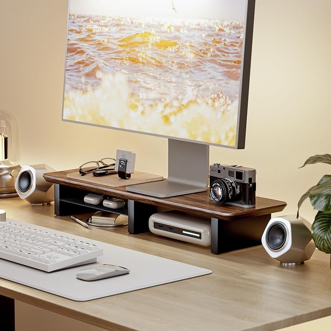 PEGZONE Dual Monitor Riser with Integrated Metal Shelf, Large Walnut Wooden Desk Shelf for 2 Monitors/TV, Monitor Stand Riser for Desk, Wood Monitor Stand Organizer for Home Office，Wide 31.5"