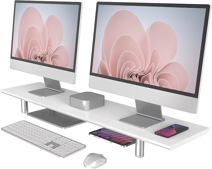 Fenge 39.4 Inch Dual Monitor Stand, Height Adjustable Monitor Riser Stand for Desk, Wooden & Steel Monitor Shelf for 2 Computers up to 99lbs, Stable Desk Organizer for PC Laptop TV, White