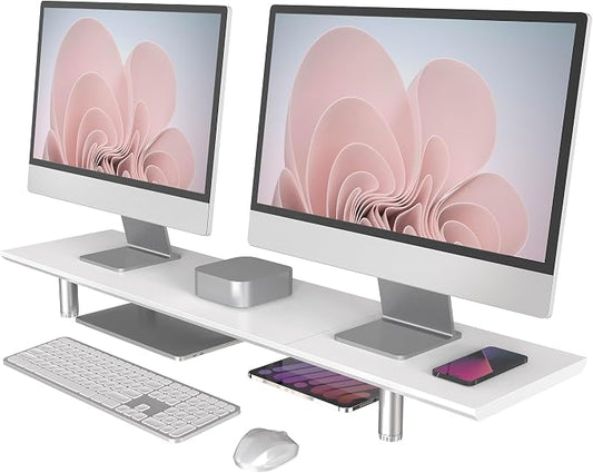 Fenge 39.4 Inch Dual Monitor Stand, Height Adjustable Monitor Riser Stand for Desk, Wooden & Steel Monitor Shelf for 2 Computers up to 99lbs, Stable Desk Organizer for PC Laptop TV, White