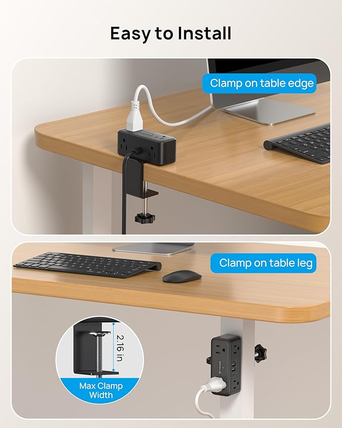 TROND Small Footprint Desk Clamp Power Strip with USB C PD 20W, Flat Plug Extension Cord Surge Protector 10ft, 6 Wide Space Outlets 4 USB, Fit 2.16" Tabletop Edge, Home Office Desk Accessories, Black