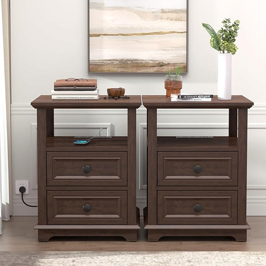 REDAYFUR 18" Wide End Table with Fast Charging Station Set of 2, 18” Wide Sofa Side Table with Drawers,End Table with Drawers for Living Room,Cherry