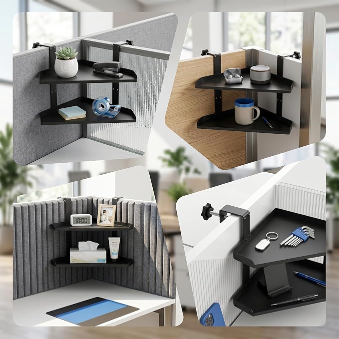 Office Cubicle Shelf, 17 Inch Floating Storage Organizer Rack, Knob Tension Mount No Drill Hanging Cubicle Shelf with Adjustable Hooks,Black 1 Pack