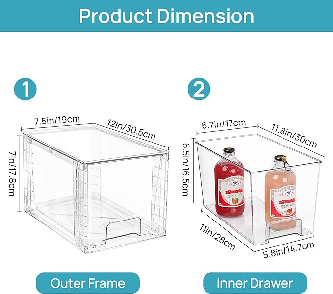 Vtopmart 2Pack Large Stackable Pantry Storage Drawers, Clear Organizer Bins with Handles, Acrylic Drawer Organizers for Kitchen, Pantry, Bathroom Undersink, Cabinet Organization and Storage