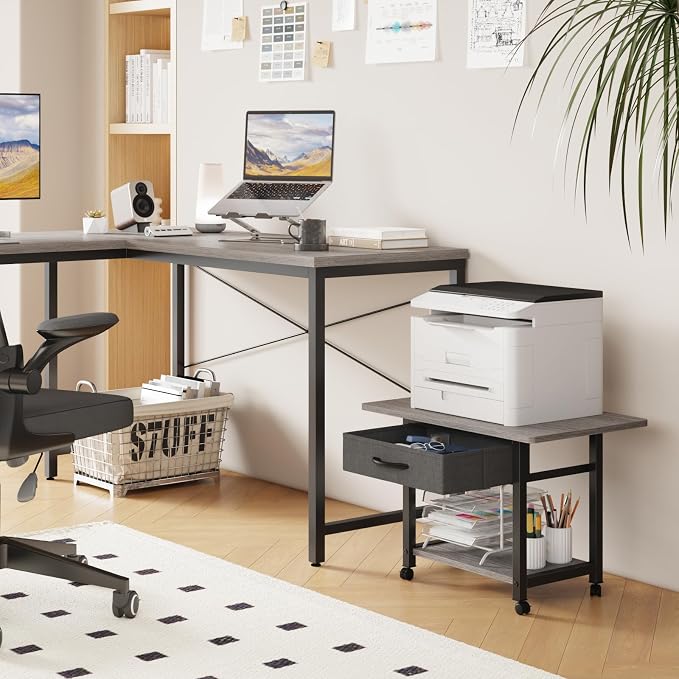 YAOHUOO 22"x15" Large Printer Stand with Drawer, 2-Tier Rolling Table Cart | Under Desk Printer Table,Storage Fabric Drawer,Fit printer/fax/3d/scanner,4 Lock Wheels or Feet,For Home Office Dorms,Gray