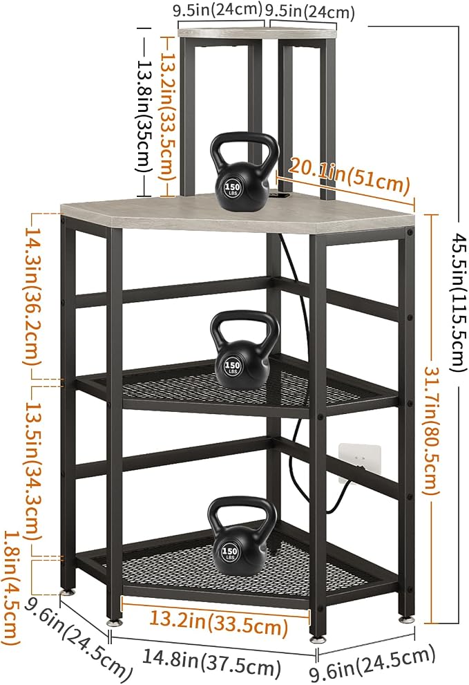 METYERRY 4-Tier Corner Printer Stand, Printer Table with Built-in Power Outlet and LED Lights, Multipurpose Corner Table with Grid Storage Shelf for Home and Office, Greige