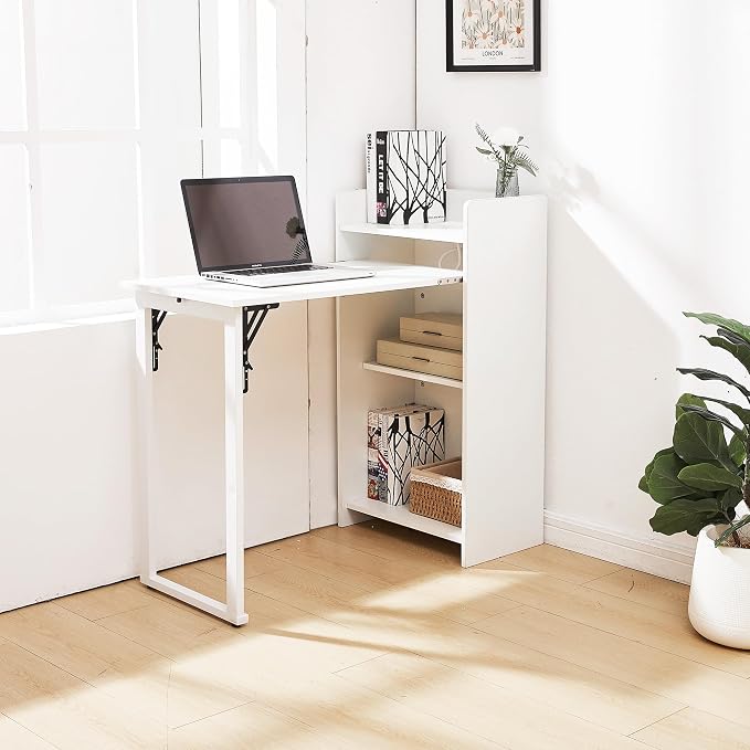 Fold Out Desk,Hidden Desk with Built-in Outlet, Foldable Desk with Storage for Small Spaces,Home Office and Bedroom (White)