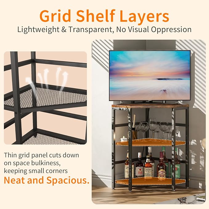 METYERRY 4-Tier Corner Printer Stand, Printer Table with Built-in Power Outlet and LED Lights, Multipurpose Corner Table with Grid Storage Shelf for Home and Office,Rustic Brown