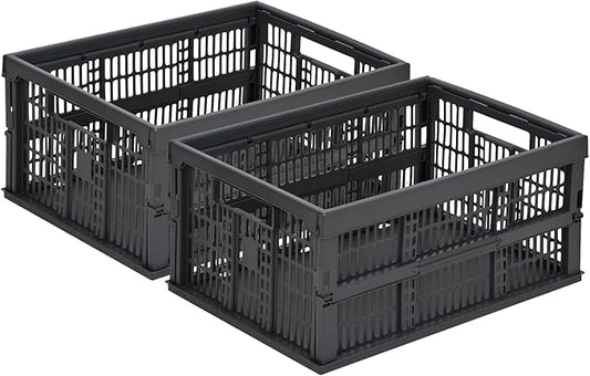 HUUSMOT 2-Pack Pastel Plastic Storage Baskets, Collapsible Crates for Organizing, Space-Saving Bins for Classroom, Kitchen, Office, Bedroom (Dark Grey, 19" x 13" x 9")