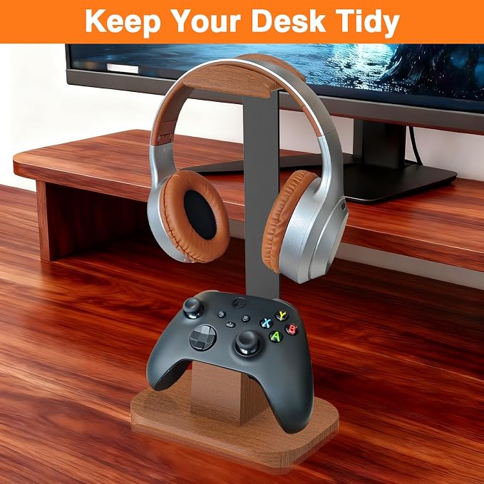 Walnut Headphone and Controller Stand, Desk Gaming Equipment Wooden Headset Controller Holder, Earphone Hook for Game Room Desktop PC Accessories, Gamer Gifts
