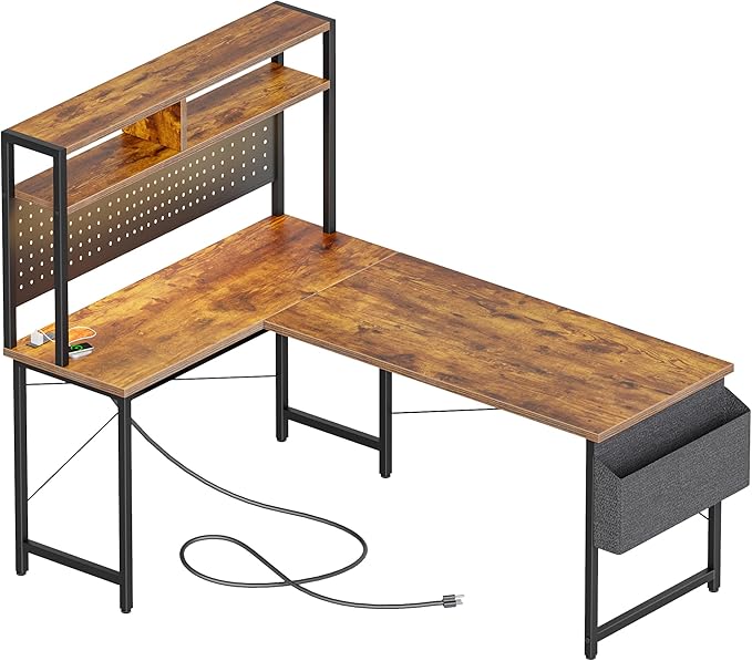 Mericonia 51 inch Large L Shaped Desk with Pegboard Hutch & Shelves, Corner Gaming Desk with Power Outlet, LED Light & Storage Bag, Reversible Computer Desk for Home, Bedroom, Office Workspace, Brown