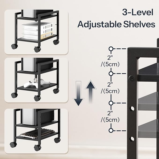 HOOBRO PC Stand, 2-Tier PC Tower Stand Fits Most Computer Towers, CPU Holder for Floor, Height Adjustable, CPU Stand with Wheels Under Desk, for Home Office, Black BB11CJ01