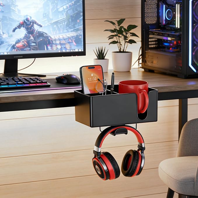 MYITYARD 4 in 1 Desk Cup Holder Clamp, Detachable Clip On Drink Holder with Rotating Headphone Hanger, Anti-Spill Desktop Organizer Pen Holder for Mug, Pen, Phone, Gaming Office Desk Accessories