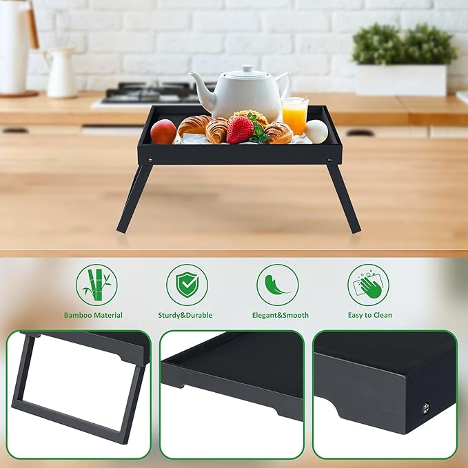 RRX Bed Tray Table with Folding Legs, Breakfast in Bed Tray (1, Black) | Bed Trays for Folding Table Eating, Kitchen Serving, Food, Sofa, Snacking or Working, Laptop Desk Dinner, Snack Tray