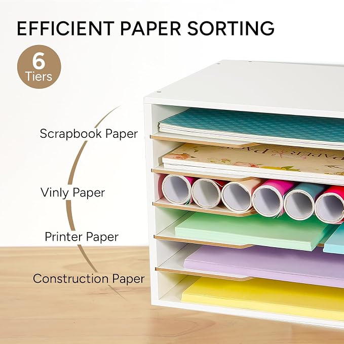 Yumkfoi 12x18 Construction Paper Organizer, Larger Size Wooden Literature Organizer, 6-Tier Desktop File Organizer for Home and Classroom, Adjustable Paper Sorter for Office