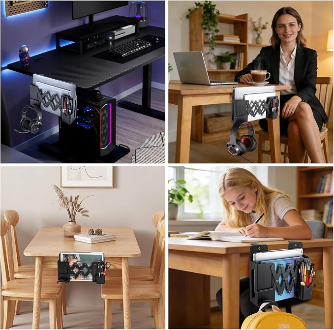Desk Side Storage，Under Desk Clamp-on Vertical Laptop Holder,7-17 Inch Length Adjustable with Pen & Headphone Holder,No Drill Storage Shelf for Desk，Fits Table Edge 0.4" to 2.3"(Black)