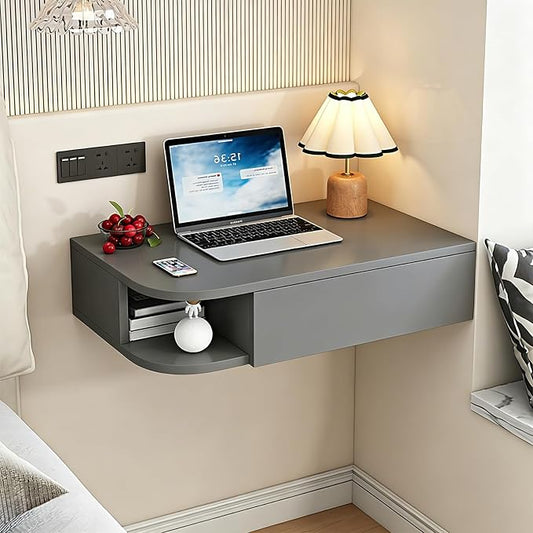 Corner Floating Desk with Drawer, Wall Mounted Desk with Open Shelving, Floating Makeup Vanity with Storage, Scratch-Resistant, Space Saving, for Bedroom Living Room Small Spaces Apartment