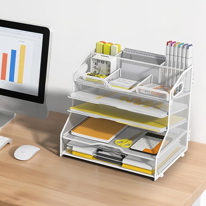 YINGHUA 5 Tier Paper Tray Letter Organizer with Top 6 Adjustable Compartments - Paper Sorter Office Desktop Accessories with Handles for Document,Mail,School Supplies Storage,White