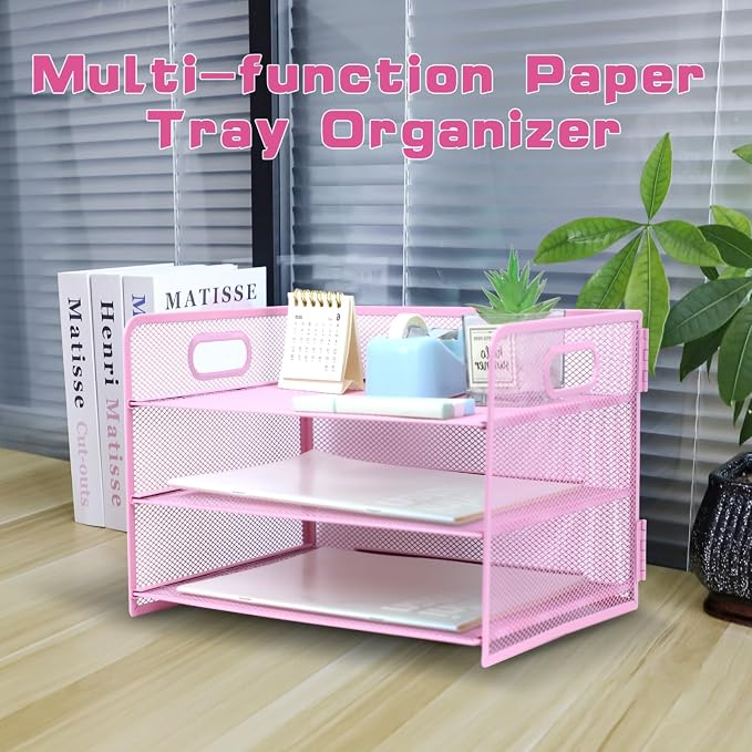 3 Tier Lettrer Tray Organizer with Handle, Metal Mesh Desk File Organizer with Sliding Trays, Paper Sorter Desk for Home Office School, Pink
