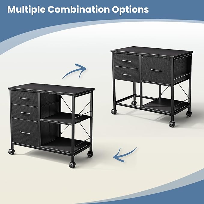 OLIXIS 3-Tier Printer Stand with Fabric Storage Drawer, Rolling Printer Cart with Lockable Wheels and Metal Frame, Under Desk Table with Open Storage Shelf for Small Spaces, Home, Office, Black