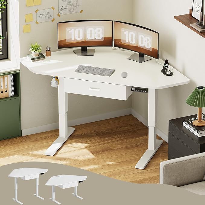 SEDETA Corner Standing Desk, 32'' Small Height Adjustable Electric Computer Desk with Drawer for Gaming, Small Space, Stand up Home Office Study Writing Desk, White