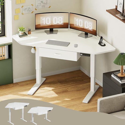 SEDETA Corner Standing Desk, 32'' Small Height Adjustable Electric Computer Desk with Drawer for Gaming, Small Space, Stand up Home Office Study Writing Desk, White