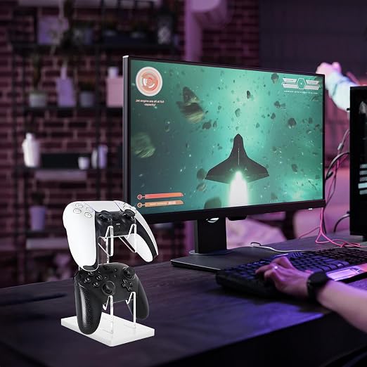 FYY Game Controller Holder 2 Tiers - Universal Dual Controller Stand with Headphone Holder, Acrylic White Display Stand Compatible with Nintendo Switch Xbox PS5 PS4, Desk Mount