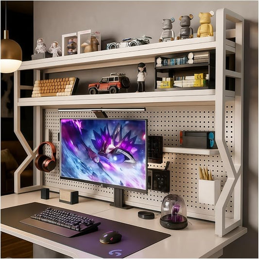 Desktop Hutch Bookshelf,Many Gifts,Metal Desktop Bookcase with pegboard, Desk Shelf, Countertop Storage Organizer Rack for Dorm or Office,Desktop Shelves (White, 45.3" Lx9.9 Wx39 H)
