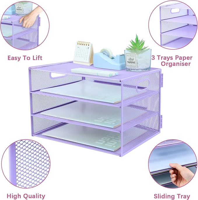 3 Tier Lettrer Tray Organizer, Metal Mesh Desk File Organizer with Sliding Trays, Paper Sorter Desk Organizer for Home Office School, Purple
