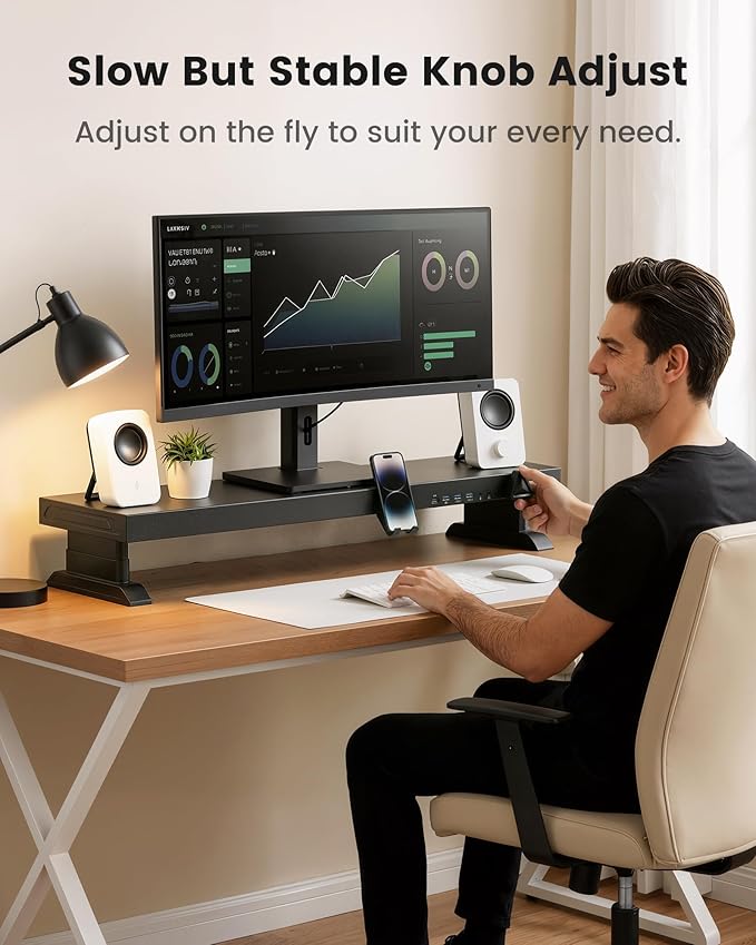 Height Adjustable Monitor Riser with 6-Port Hub – 37.6" Extra Wide Desk Stand for Dual Monitors, Continuous Height Adjustment 4.33–6.69" via Knob, USB-C Fast Charging, Carbon Steel Black