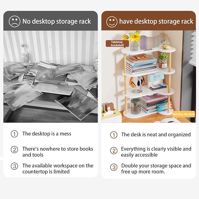 Desktop Bookshelf Organizer, Multi Tier Space Saving Corner Shelf, Thickened Wood Board Structure, Small Bookcase for Office, Home, Dorm(White,15.3 * 8.4 * 33.4in)