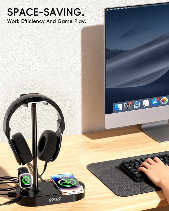 COZOO Headphone Stand with Fast Wireless Charging Pad and 2 USB Charging Ports, Suitable for Gaming, DJ, Wireless Earphone Accessories