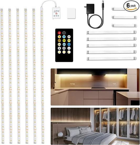DAYBETTER Under Cabinet Lighting, 6 PCS Under Cabinet Lights, Dimmable LED Strip Lights with Remote, LED Lights for Kitchen Cabinet, Counter, Shelf, 2700K-6500K Warm to Daylight White, Timing, 20 ft