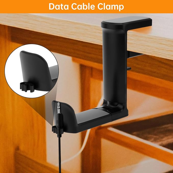 2pcs Under Desk Headphone Hanger Holder Utility Hook 360° Rotating Adjustable Clamp-on Earphone Hook Holder Mount Cable Clip Organizer Fit for PC Gaming Office Headset Hanger Gift (Black)