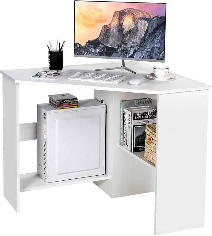 SlickBlue Corner Computer Desk with Triangle Design and Storage Shelf for Space-Saving