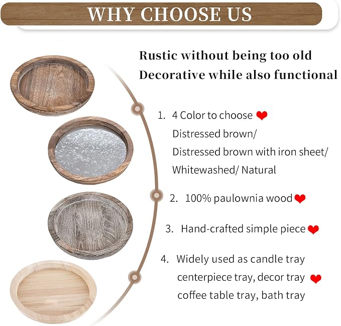 Hanobe Round Wood Decorative Tray: Rustic Wooden Tray for Coffee Table Farmhouse Centerpiece Mirror Candle Holder Vintage Mirrored Bar Plate Ottoman Topper for Home Decor Bathroom Kitchen
