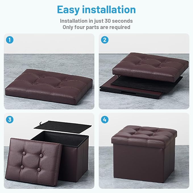 Bsketa Storage Ottoman Foot Rest Stool, Small Leather Storage Ottomans Bench, Folding Footstool with Side Pockets, Foot Rest Under Desk for Living Room Bedroom, 16x12x12 in, Brown 2 Pack