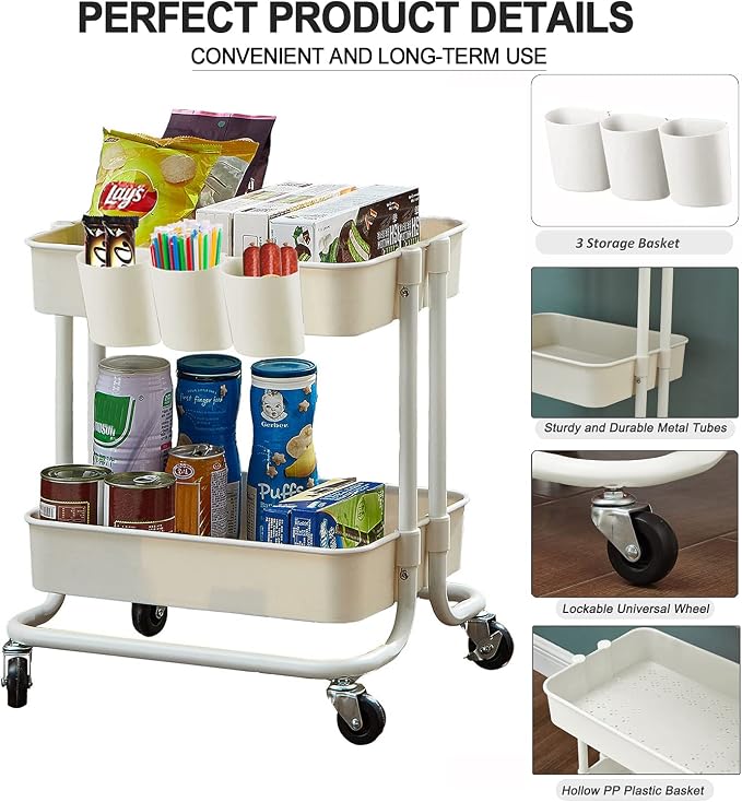 2-Tier Utility Rolling Cart Storage Sofa Side Table with Wheels, Mobile Trolley Organizer with for Office Home Kitchen Organization, Cream White