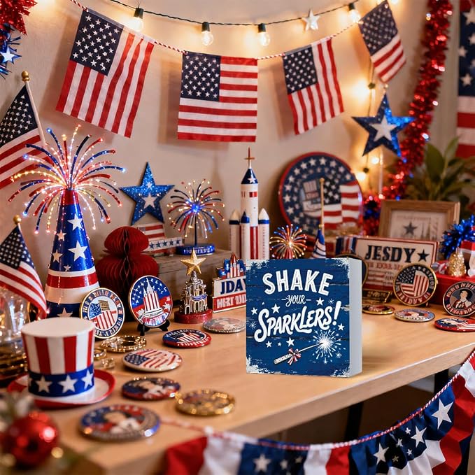 Patriotic Wooden Box Sign,Shake Your Sparklers 4th Of July Signs Home Decor,Independence Memorial Day Block Sign for Desk Shelf Tabletop Decor