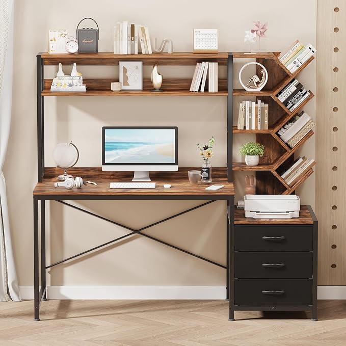 YOMILUVE Reversible Computer Desk with Hutch, Home Office Desk with Drawers and Bookshelf, 52'' Study Writing Desk with Storage Shelves for Bedroom Home Office, Rustic Brown
