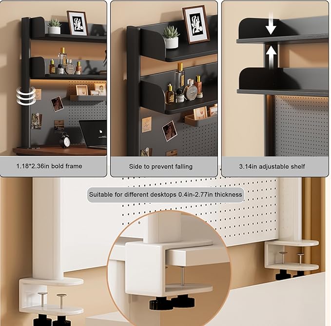 Clamp on Desk Shelf with Pegboard, Black Desktop Bookshelf Organizer Storage Shelves for Home Office Dorm Gaming Desk, Space Saving Tabletop Display Rack Organization (White, 23.6in)