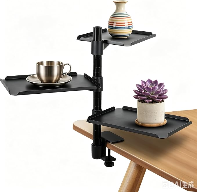 FAHKNS 3-Tier Clamp on Desk Shelf, Desk Clamp Shelf, Ergonomics Metal Desk Extension for Home/Office/Game Room, Tabletop Book Storage Rack, Desktop Thickness 0.4-2.2”