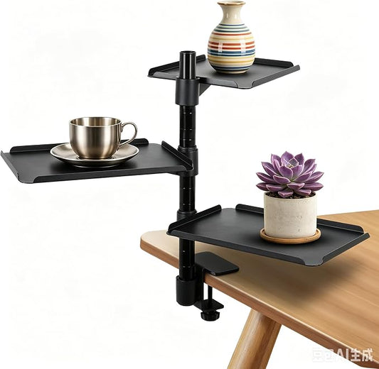 FAHKNS 3-Tier Clamp on Desk Shelf, Desk Clamp Shelf, Ergonomics Metal Desk Extension for Home/Office/Game Room, Tabletop Book Storage Rack, Desktop Thickness 0.4-2.2”