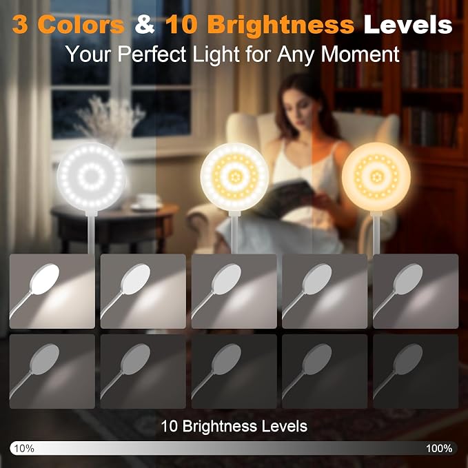 Cordless Reading Lamp with Clamp, 3.5'' Rechargeable LED Clip Light for Bunk Bed Headboard Home Office Desk, Flexible and Dimmable Book Light with 3 Color Temperatures & 10 Brightness (White/3.5'')