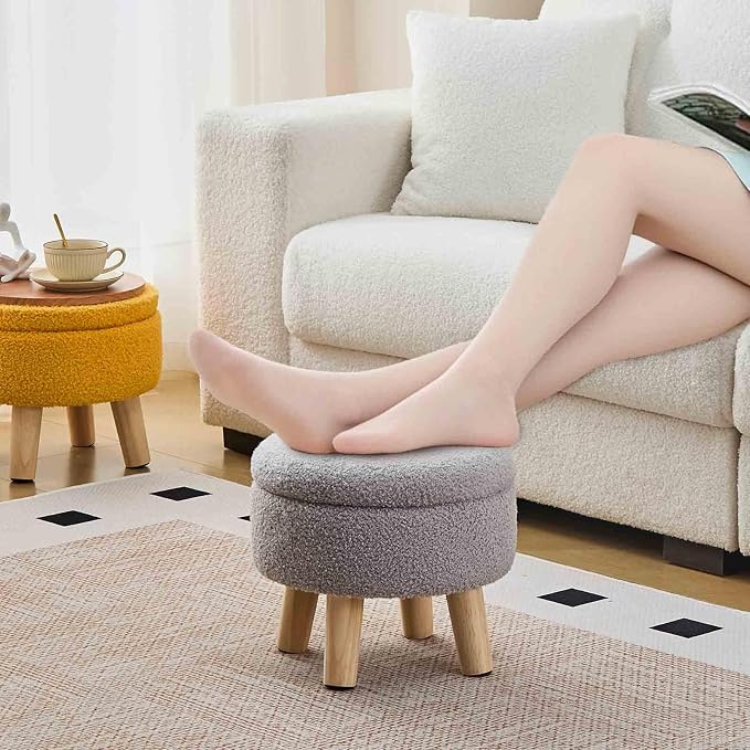 Wimarsbon Storage Ottoman, Modern Round Footrest with Soft Padded Seat, Teddy Velvet Footstool with Wood Legs, Accent Small Table or Plant Stand for Hallway, Living Room (Grey)