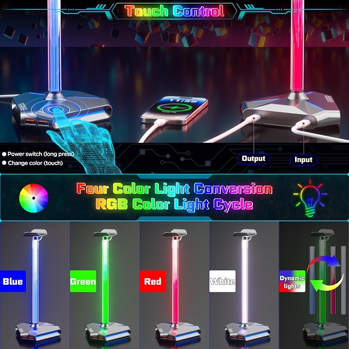 RGB Headphone Stand with 2 USB2.0 Extension Charging Port Extender Cord,Headset Stand Holder for Gamer Desktop Table Game Earphone Accessories,PC Gaming Accessories for Gamer,Gifts for Boyfriend（Grey）